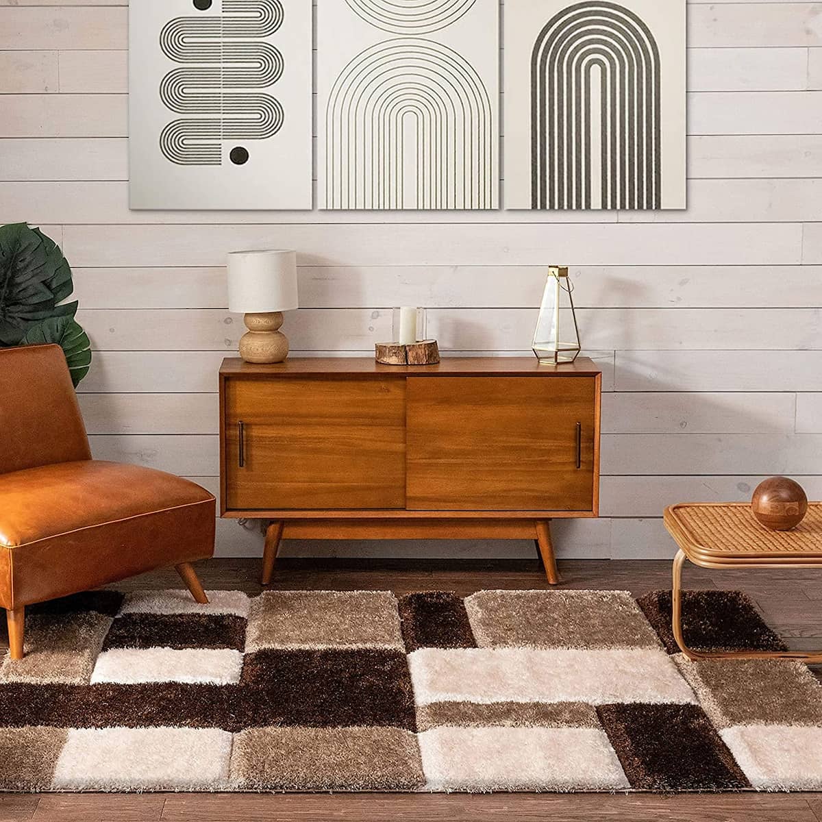 RugNoor dark and light brown checkered shag rug in living room setting