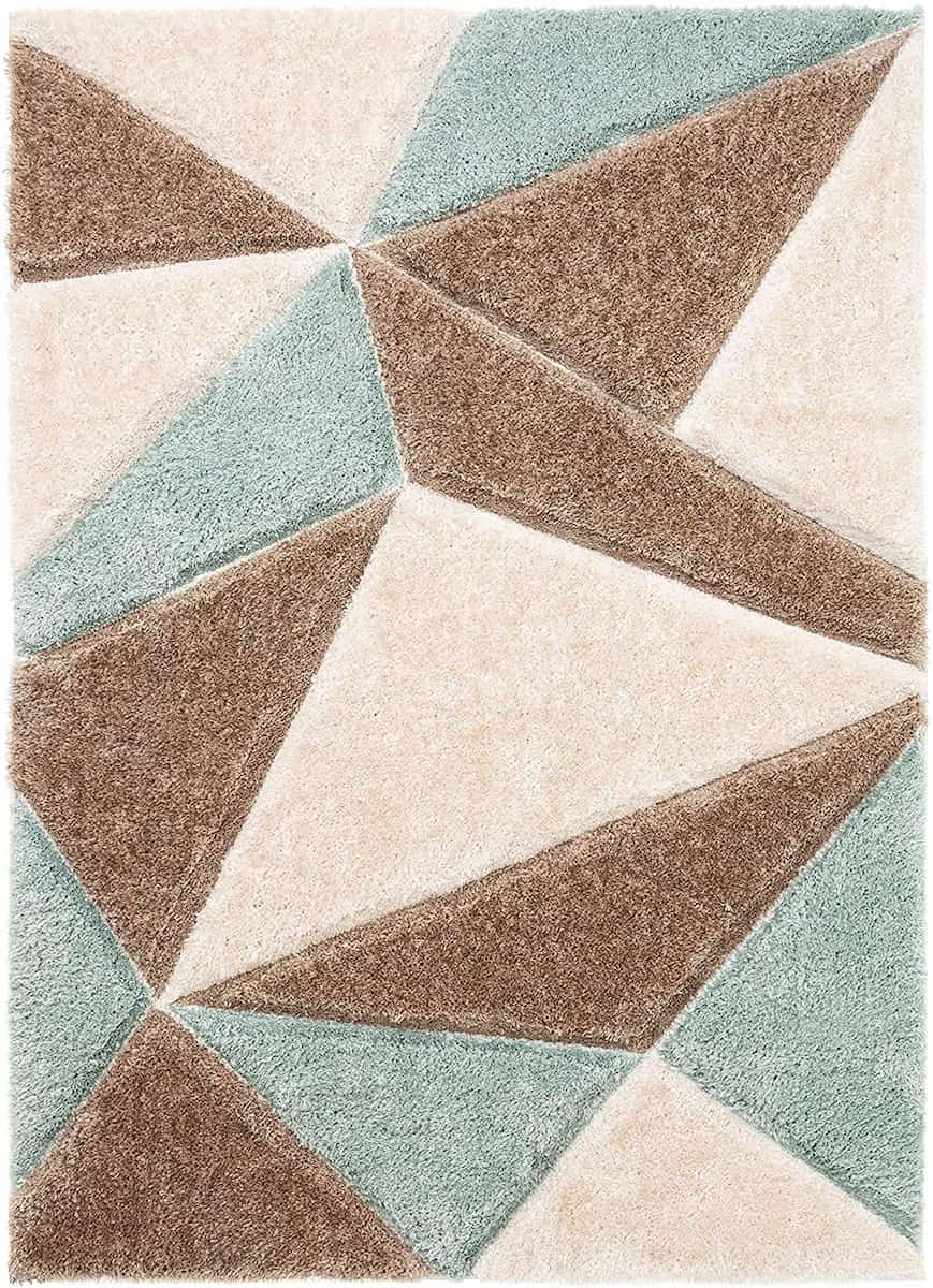 RugNoor geometric shag rug in teal, brown and beige triangle pattern