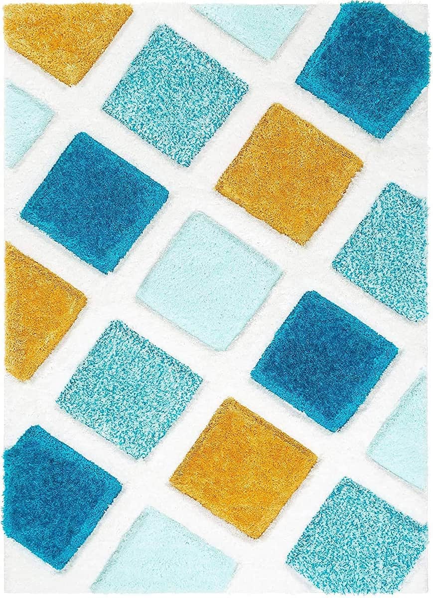 RugNoor blue and yellow diamond checkered shag rug top view