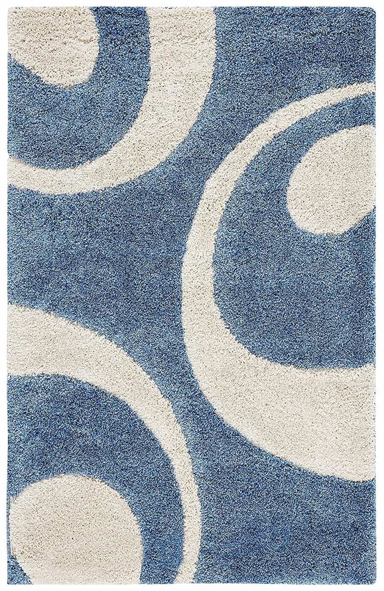 blue and white ring design modern shaggy carpet - RugNoor