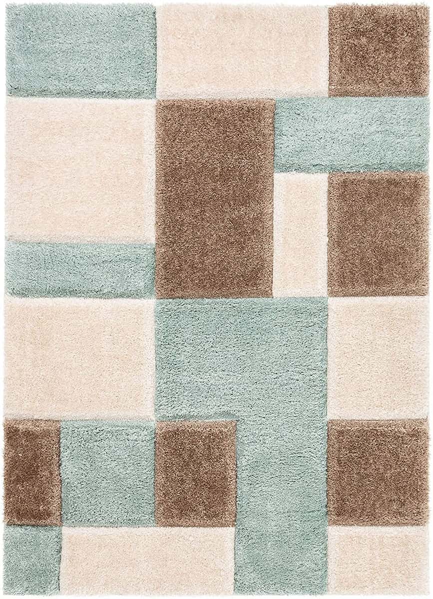Full view of RugNoor's block pattern shag carpet in earthy tones