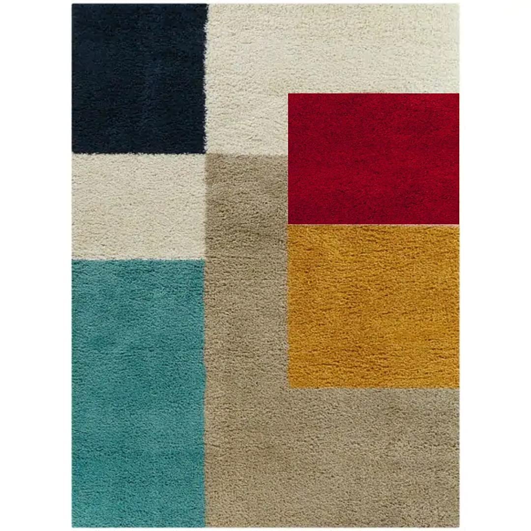 RugNoor full length navy red teal mustard block pattern shag rug, soft fluffy carpet
