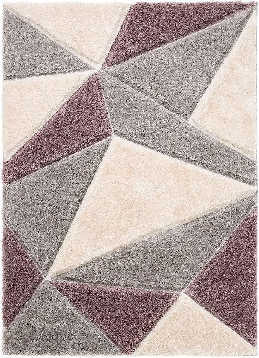 Full view of RugNoor's diamond pattern shag carpet in grey and plum tones
