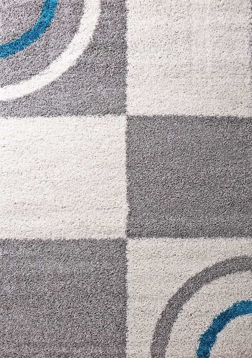 RugNoor full length grey white geometric shag rug with blue accent, soft fluffy carpet
