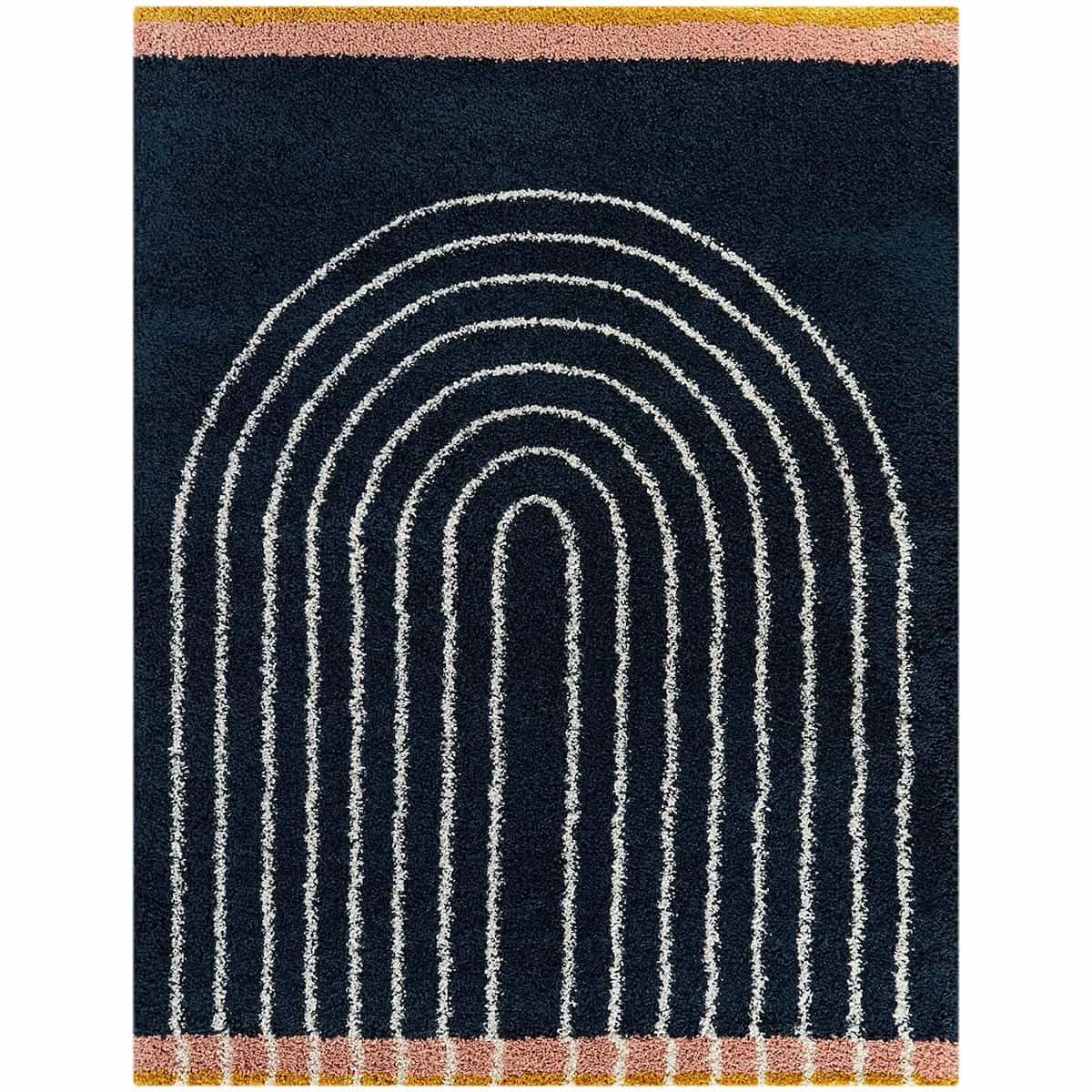 RugNoor navy blue arch pattern shag rug with pink mustard border, soft fluffy living room carpet