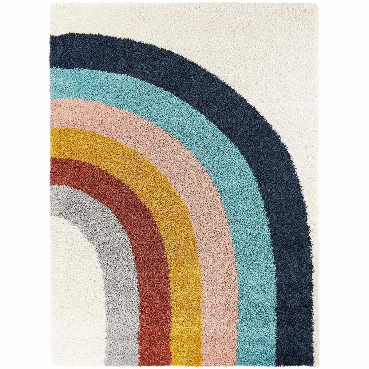Arched rainbow shaggy carpet in navy teal pink mustard red grey, RugNoor soft fluffy kids carpet