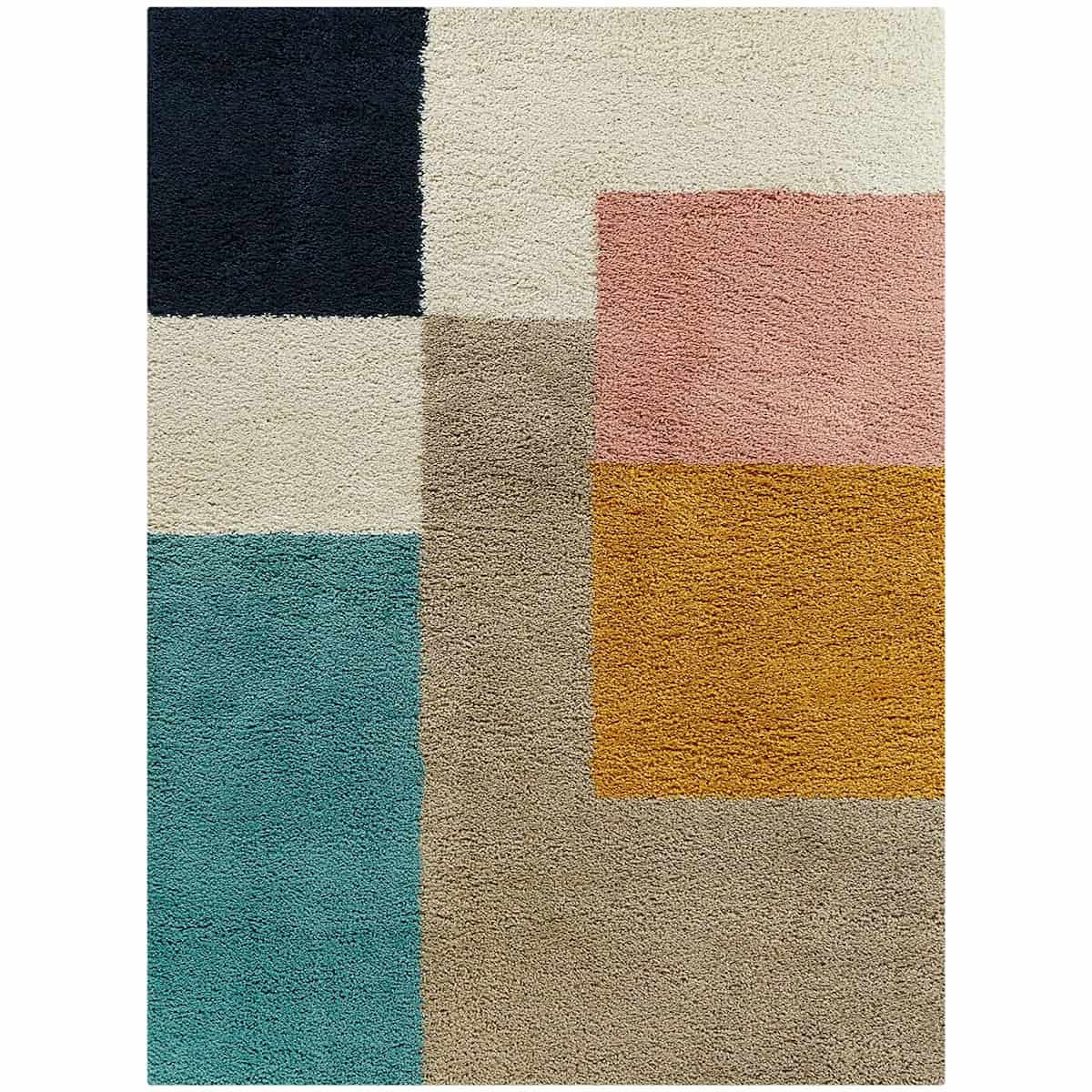 RugNoor navy teal pink mustard geometric block shag rug, soft fluffy carpet with 2 inch pile