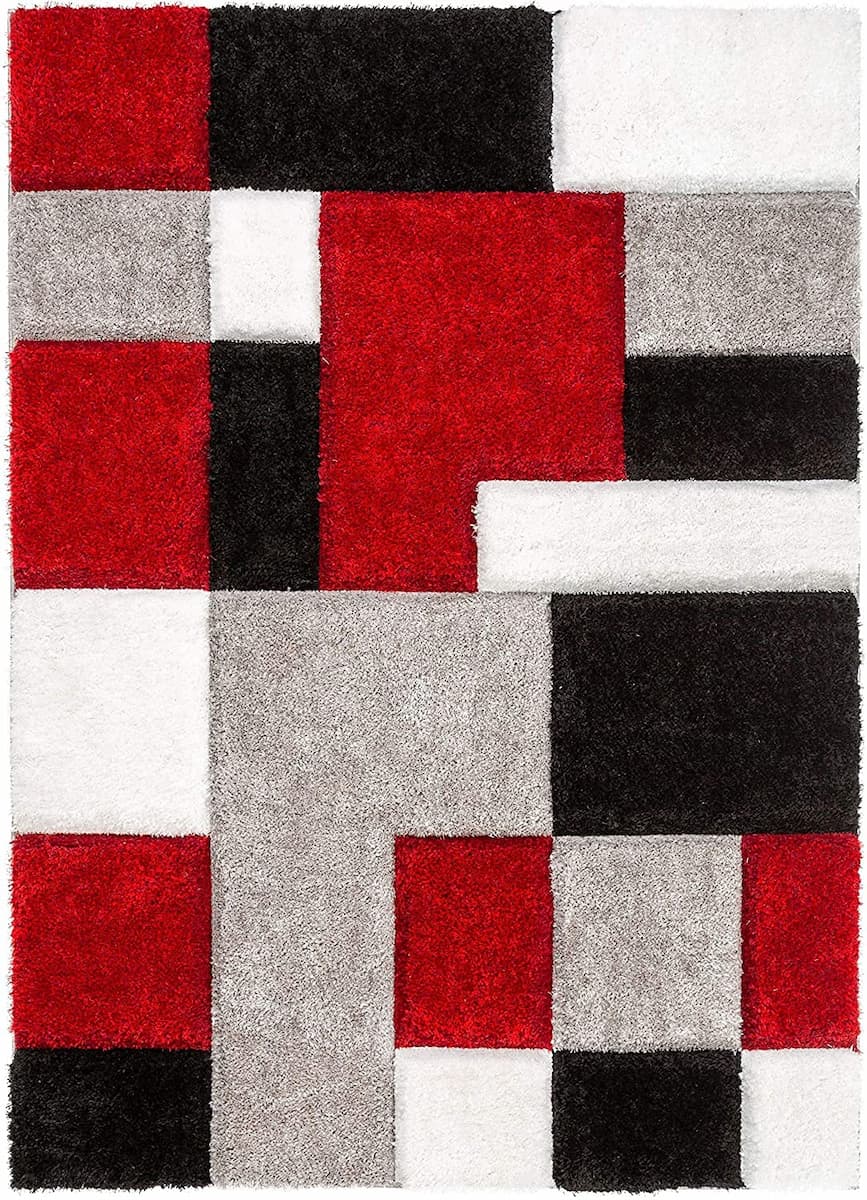 Full view of RugNoor's checkered shag carpet in bold red and grey tones