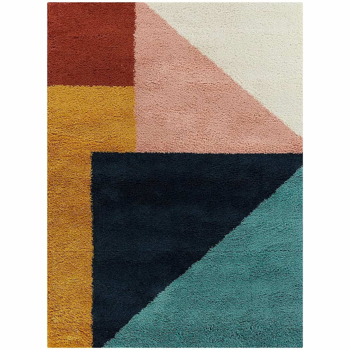 RugNoor full length red, pink, teal geometric shag rug, soft fluffy carpet