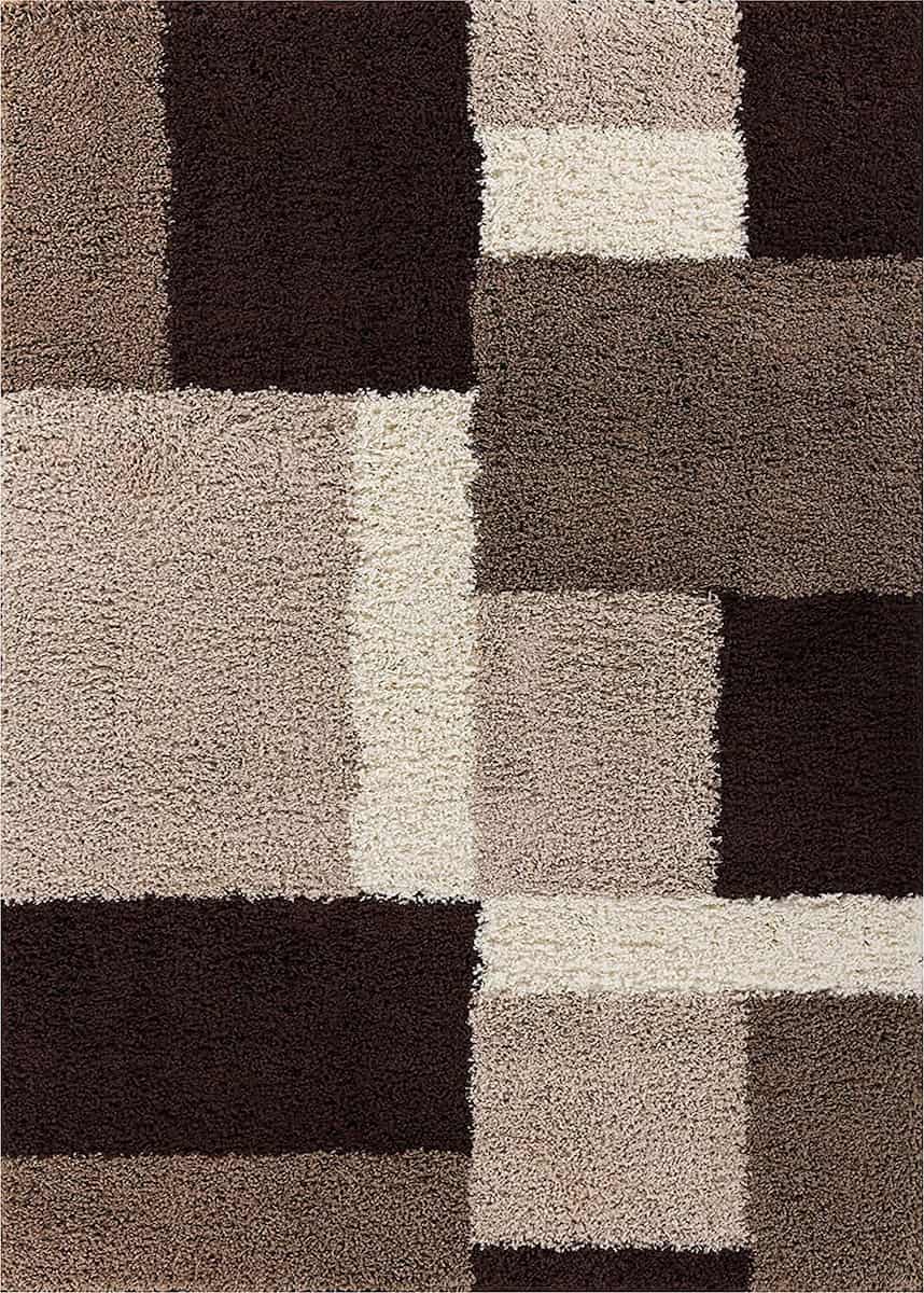 Top-down view of RugNoor's patchwork carpet in layered beige and brown tones