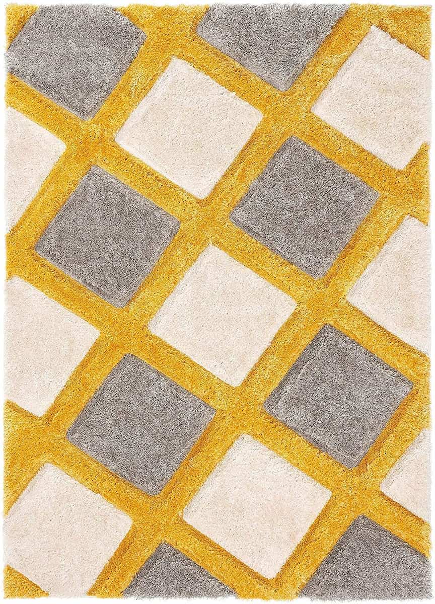 Close-up of RugNoor's yellow crisscross shag carpet with grey accents