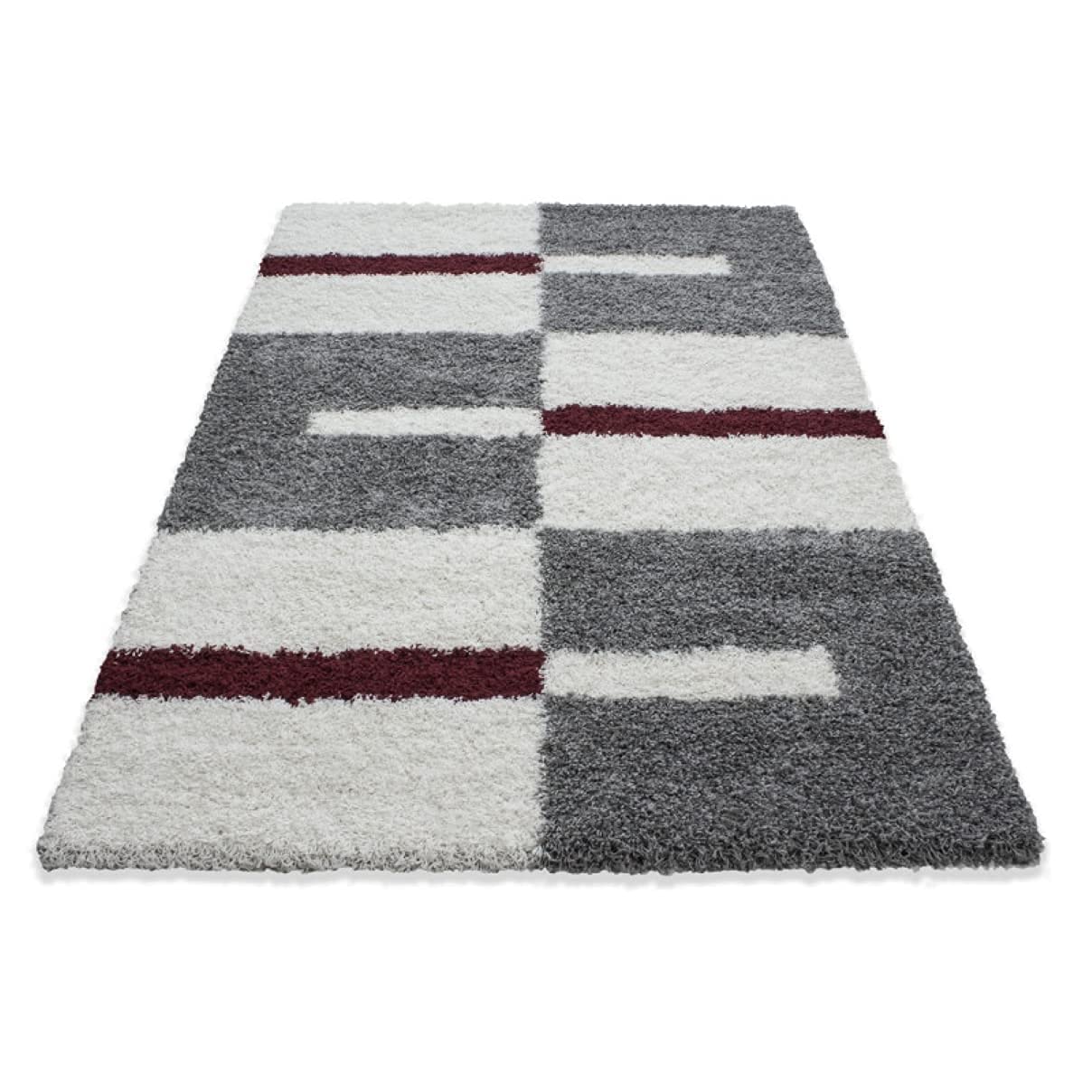 RugNoor two-tone carpet featuring maroon accent lines on white background