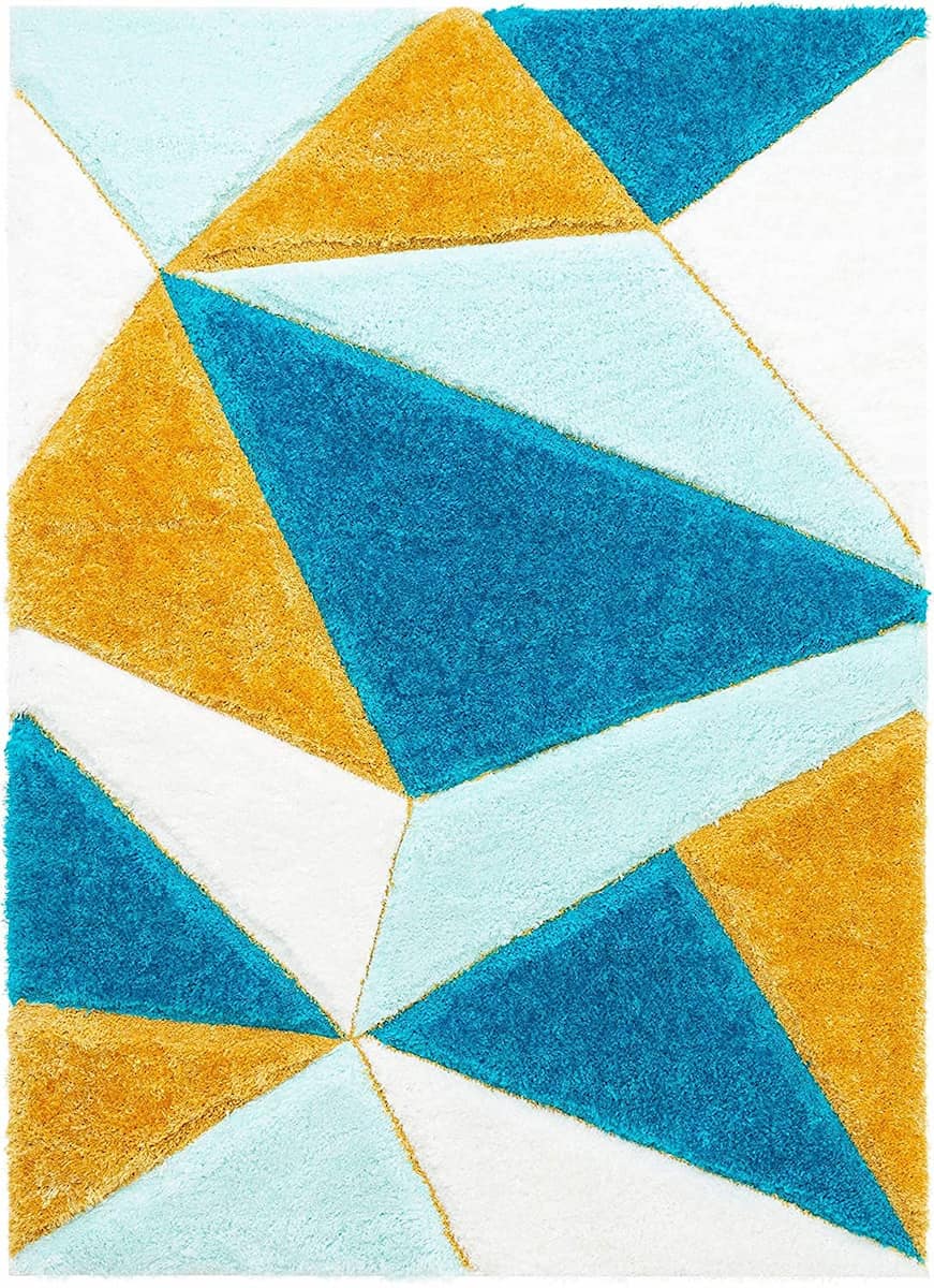 RugNoor blue and yellow geometric triangle shag rug top view