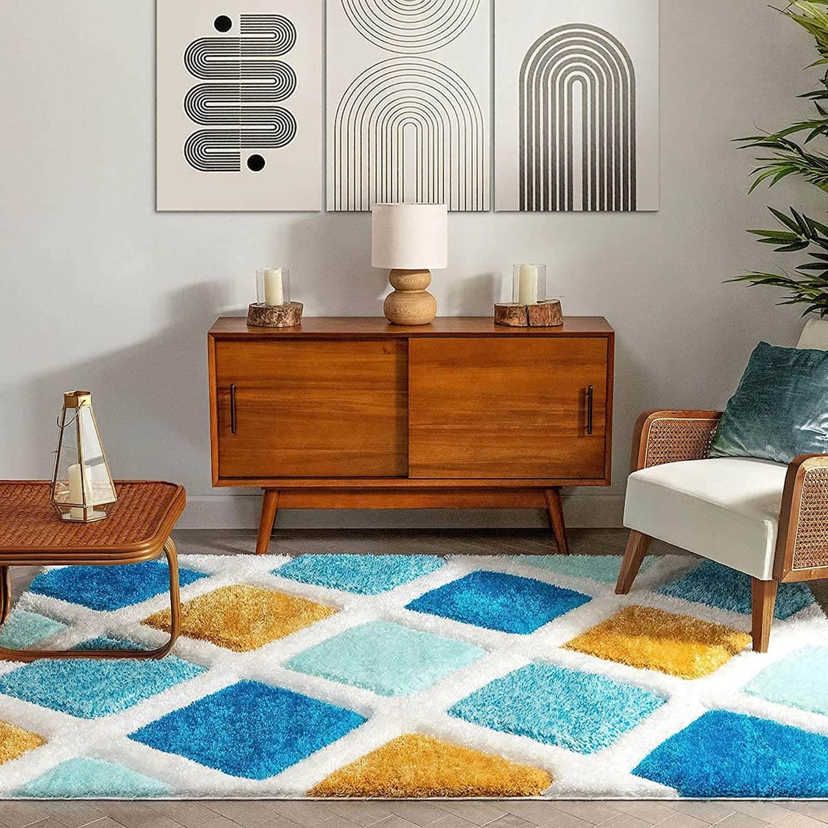 RugNoor blue and yellow diamond shag rug styled in mid-century living room