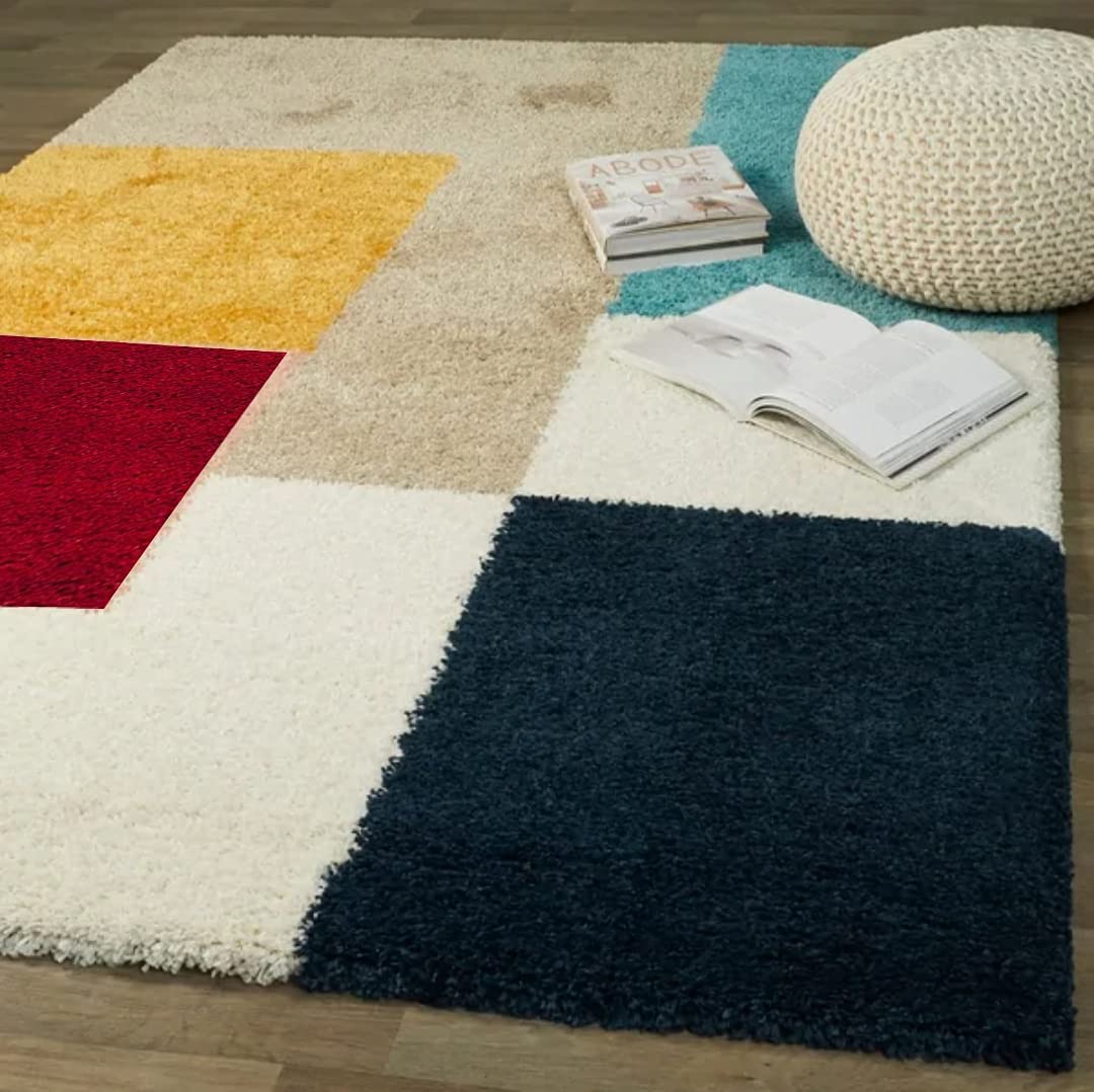 RugNoor navy red yellow block pattern shag rug in living room, soft fluffy carpet