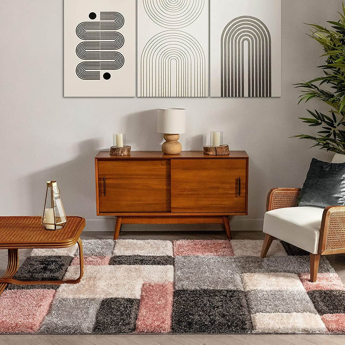 RugNoor pink, black and grey block pattern shag rug styled in living room