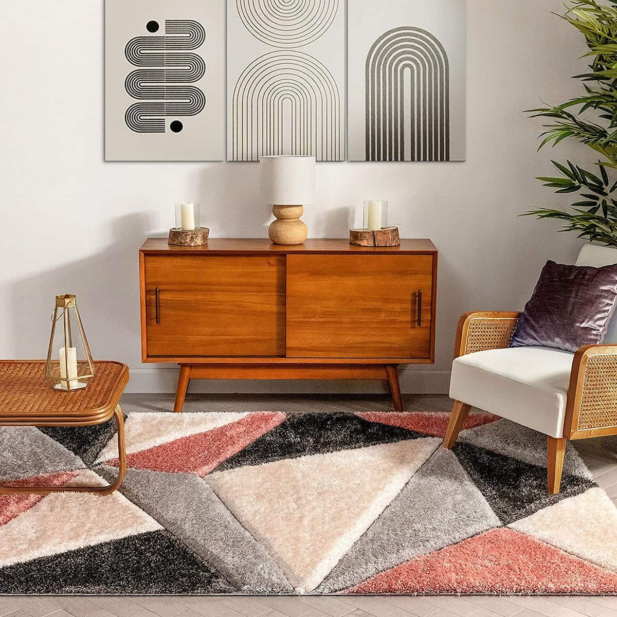RugNoor pink, black and grey geometric shag rug styled in living room