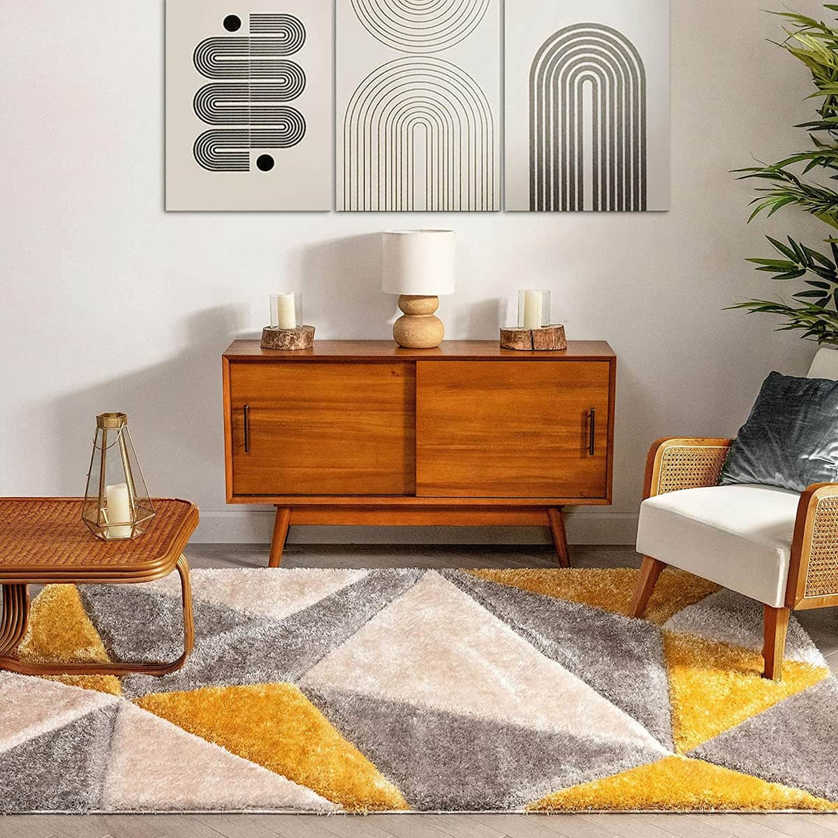 RugNoor yellow and grey geometric shag rug styled in modern living room