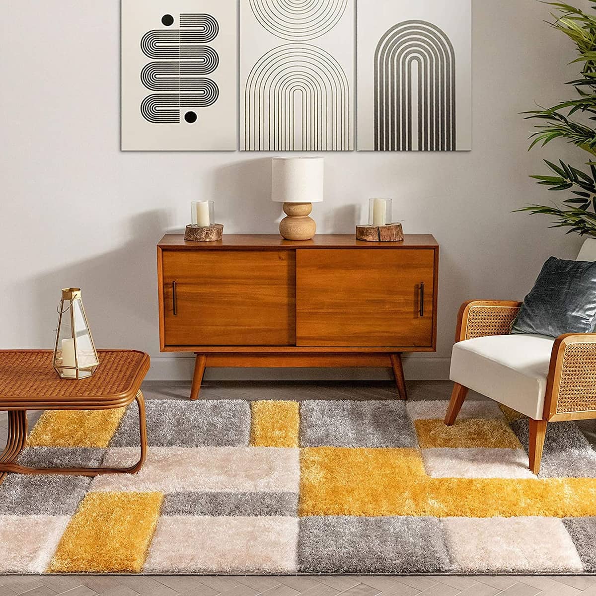 RugNoor yellow, grey and white block pattern shag rug styled in living room