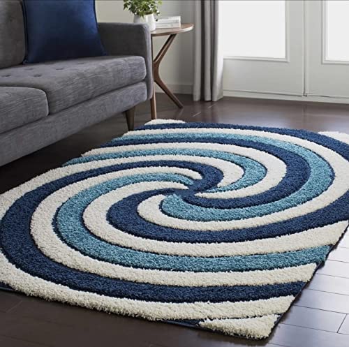 RugNoor navy blue swirl pattern shag rug in a modern living room