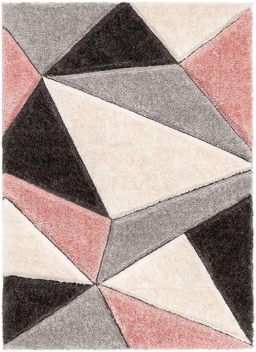 RugNoor pink, black and grey geometric triangle shag rug top view