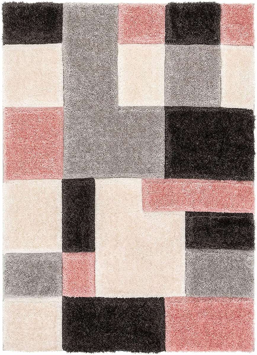 Full view of RugNoor's color block shag carpet in blush and black tones