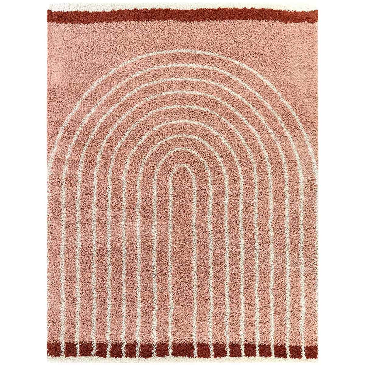 Full length pink arch pattern shag rug with red border, RugNoor plush 2 inch pile carpet