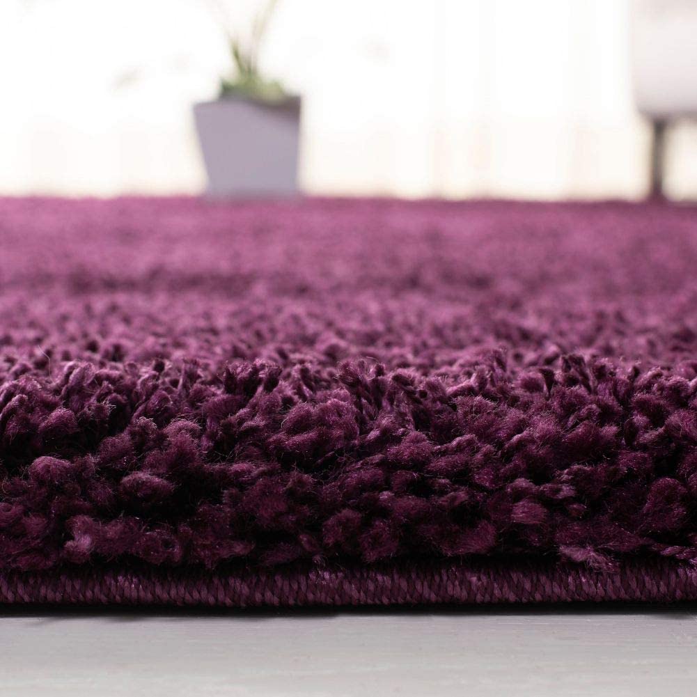 Purple shag rug edge close-up with plant in background - RugNoor