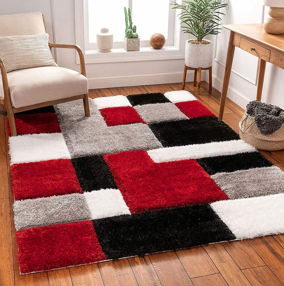 RugNoor red, black and silver checkered shag rug styled in living room