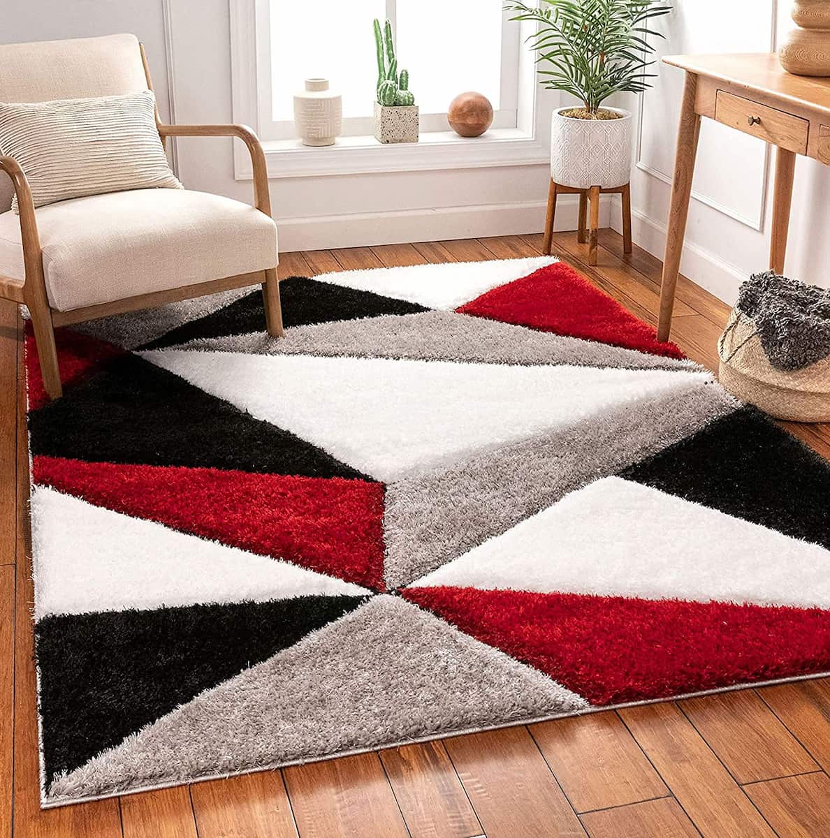 RugNoor red, black and grey geometric shag rug styled in living room