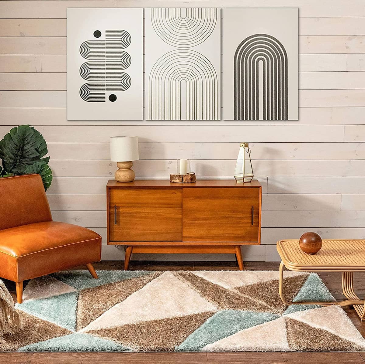 RugNoor teal and brown geometric shag rug styled in a modern living room