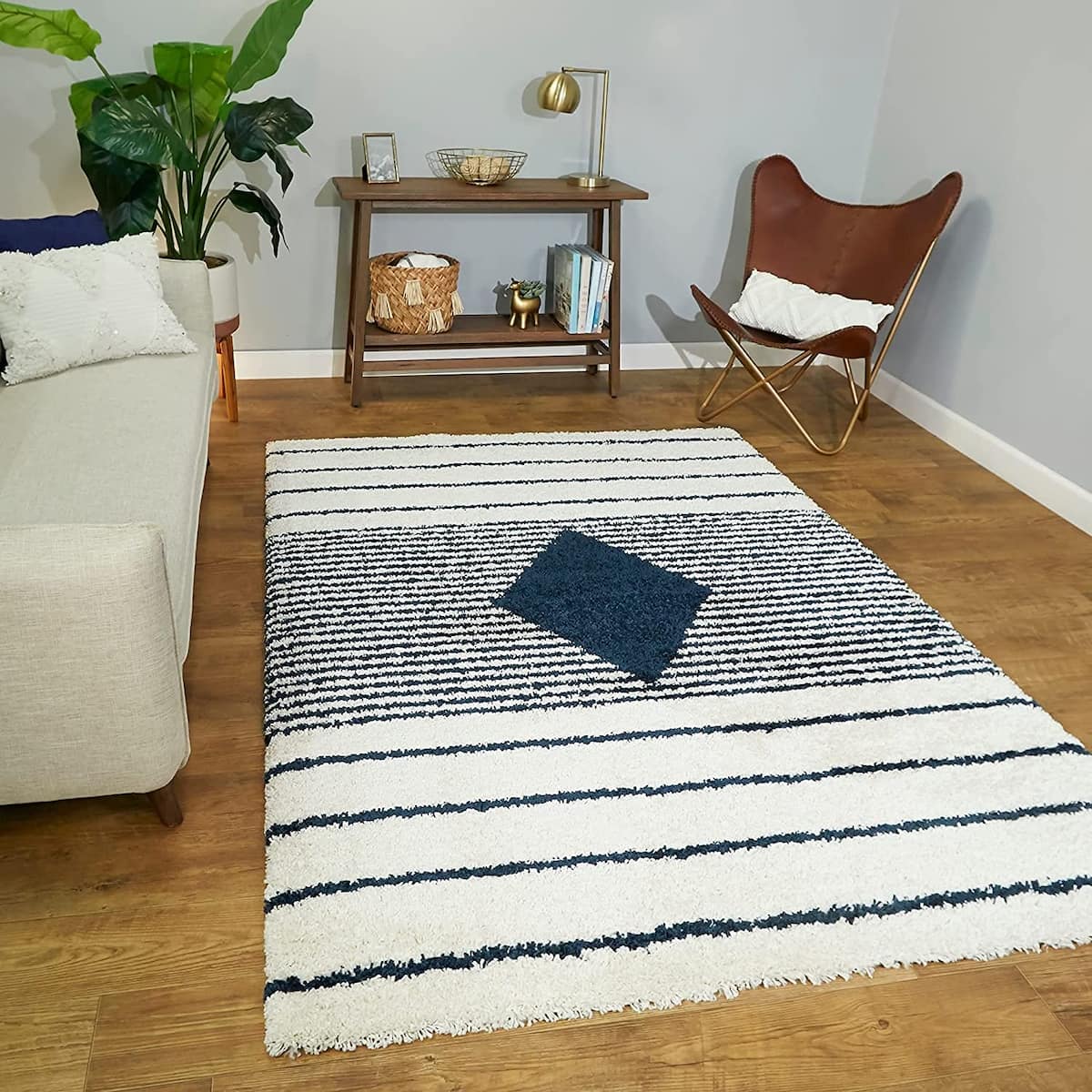 White and navy striped shaggy rug with diamond accent in modern living room, RugNoor cozy area carpet