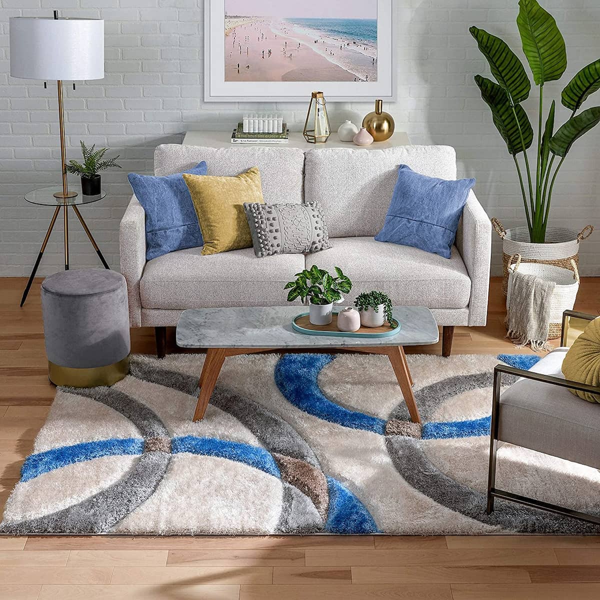 RugNoor blue and grey ring pattern shag rug styled in modern living room