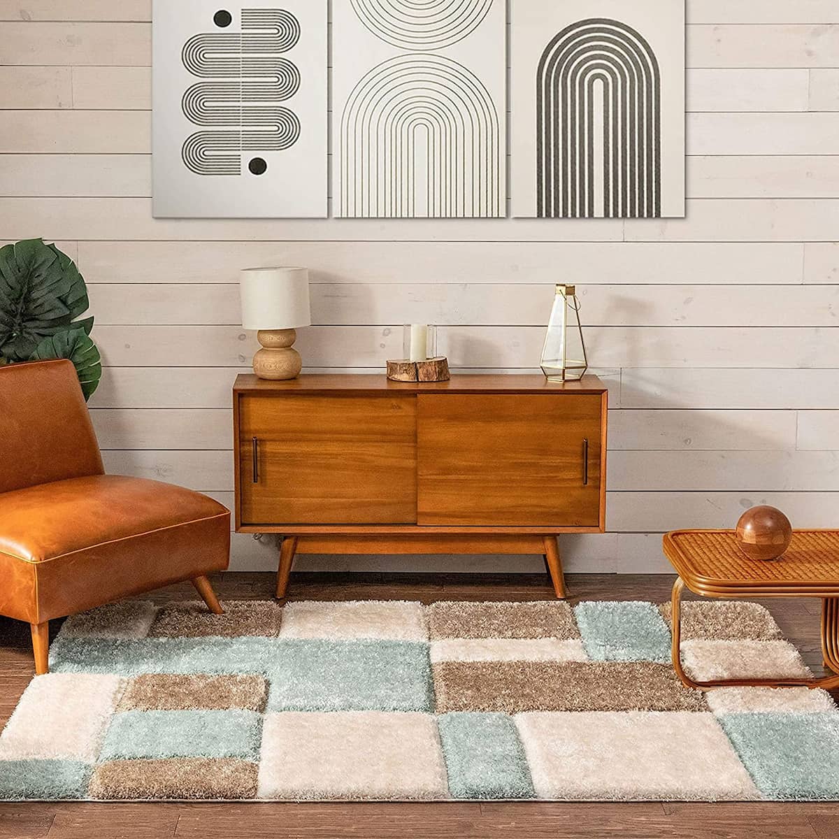 RugNoor patchwork shag rug in teal, brown and cream styled in living room