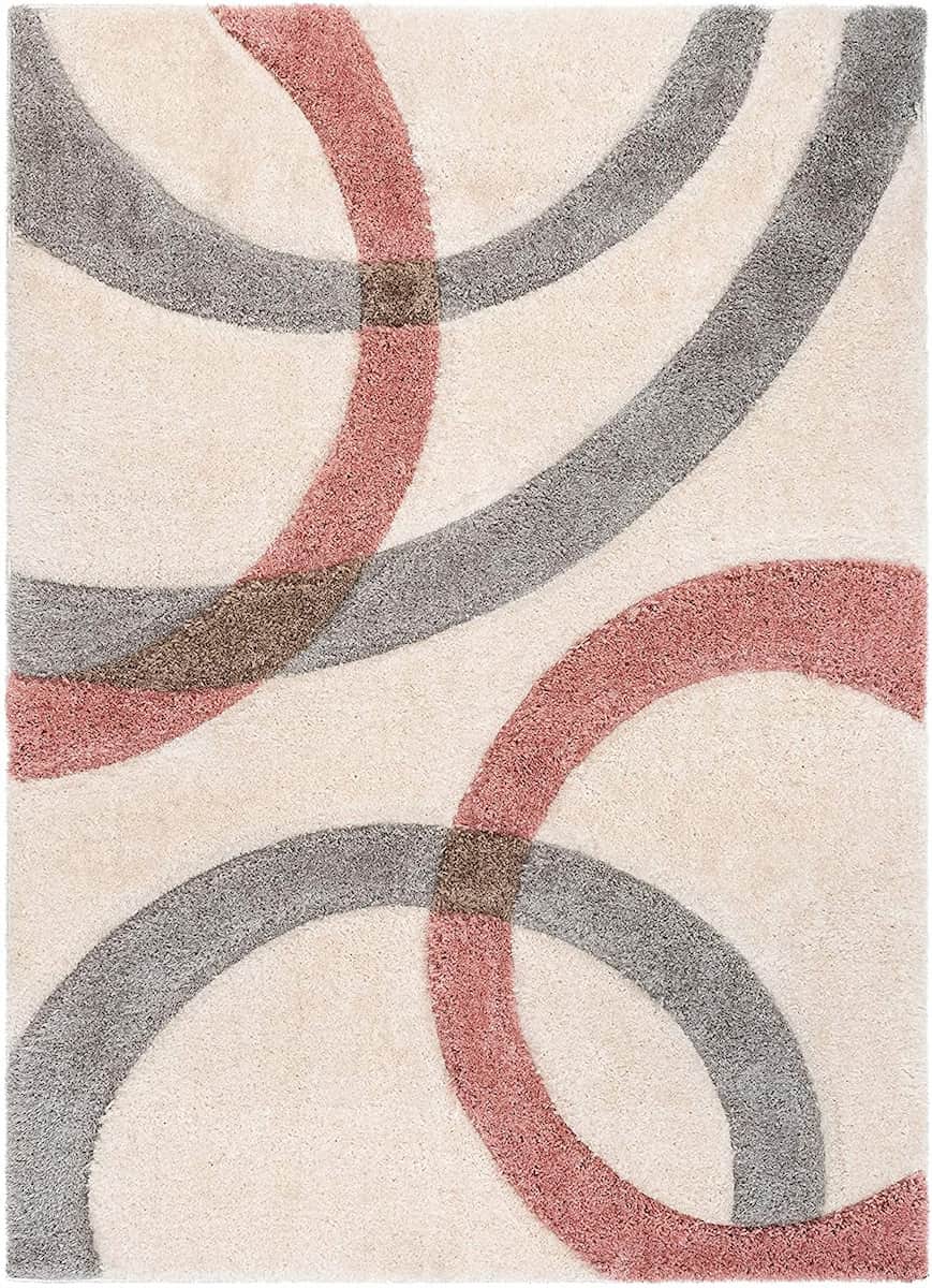 RugNoor cream shag rug with pink and grey interlocking ring pattern