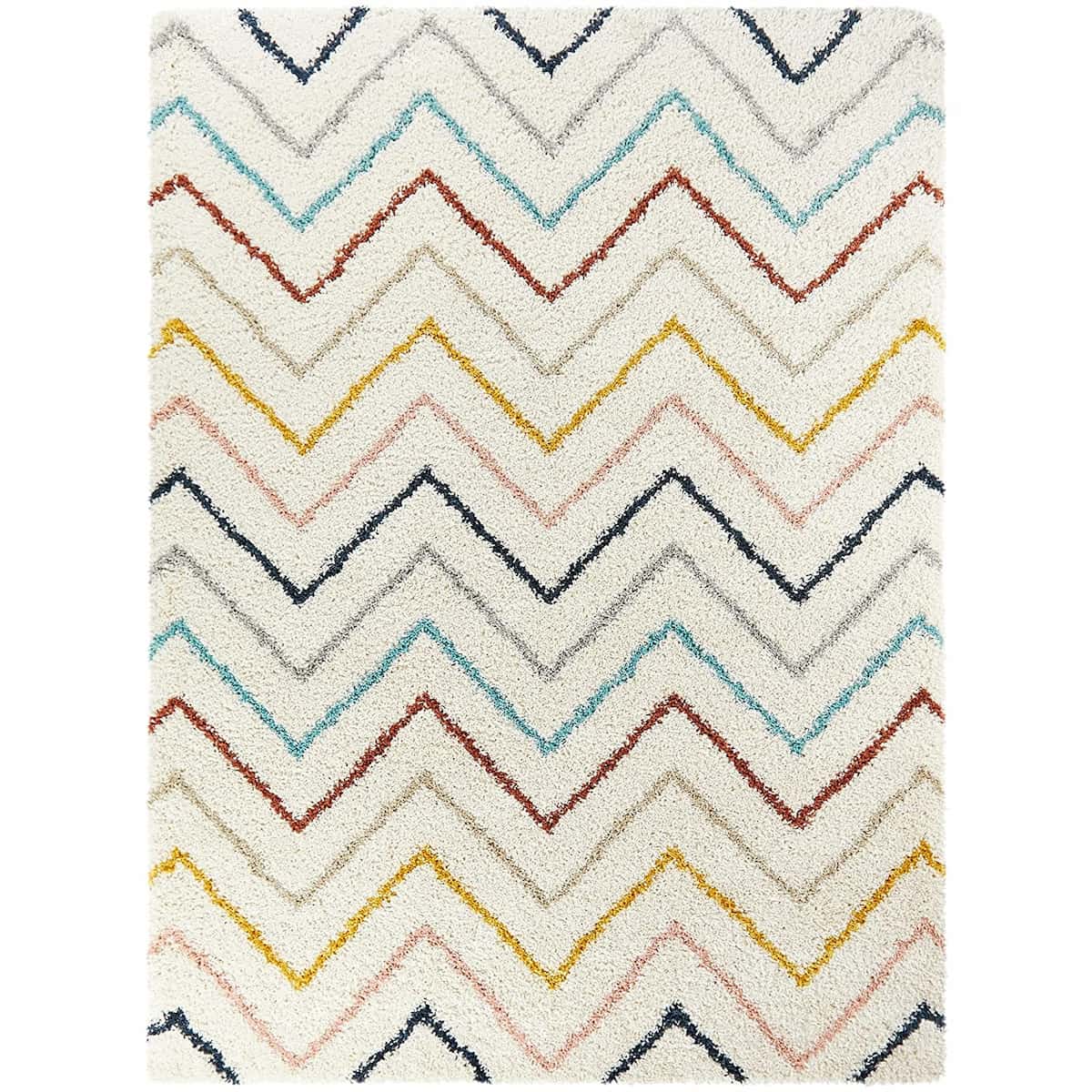 Full length white zigzag chevron shag rug with multicolor pattern, RugNoor high-pile area rug