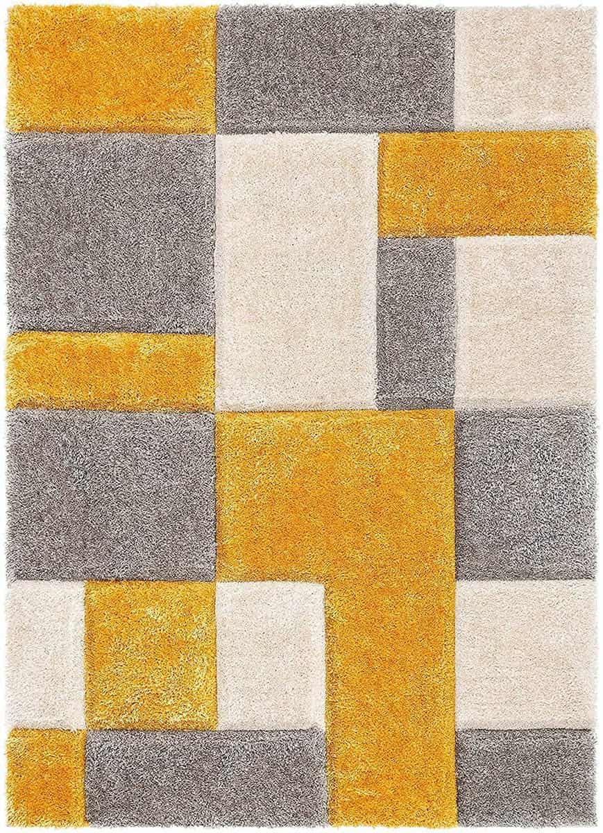 RugNoor yellow, grey and white block pattern shag rug top view