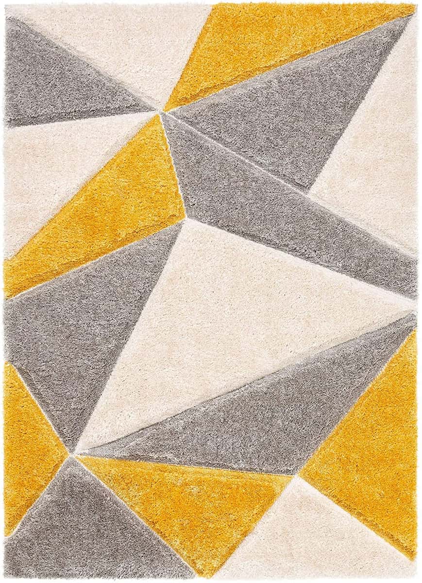 Full view of RugNoor's mustard and silver diamond print shag carpet